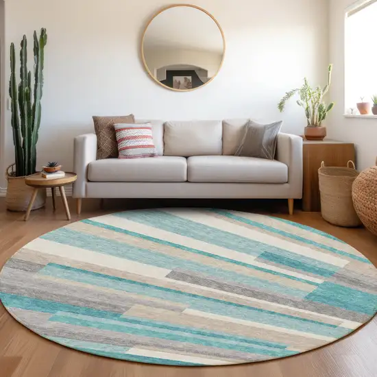 8' Teal Blue Gray And Beige Round Striped Washable Indoor Outdoor Area Rug Photo 8