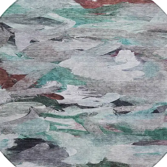 8' Teal Blue Gray And Brown Round Abstract Washable Indoor Outdoor Area Rug Photo 5