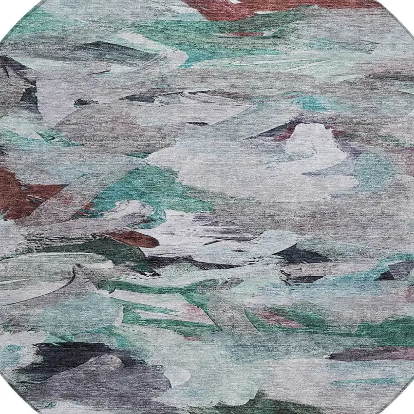 8' Teal Blue Gray And Brown Round Abstract Washable Indoor Outdoor Area Rug Photo 5