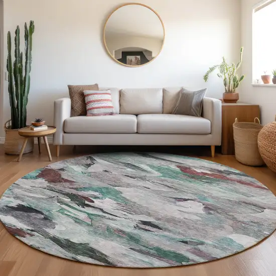8' Teal Blue Gray And Brown Round Abstract Washable Indoor Outdoor Area Rug Photo 9