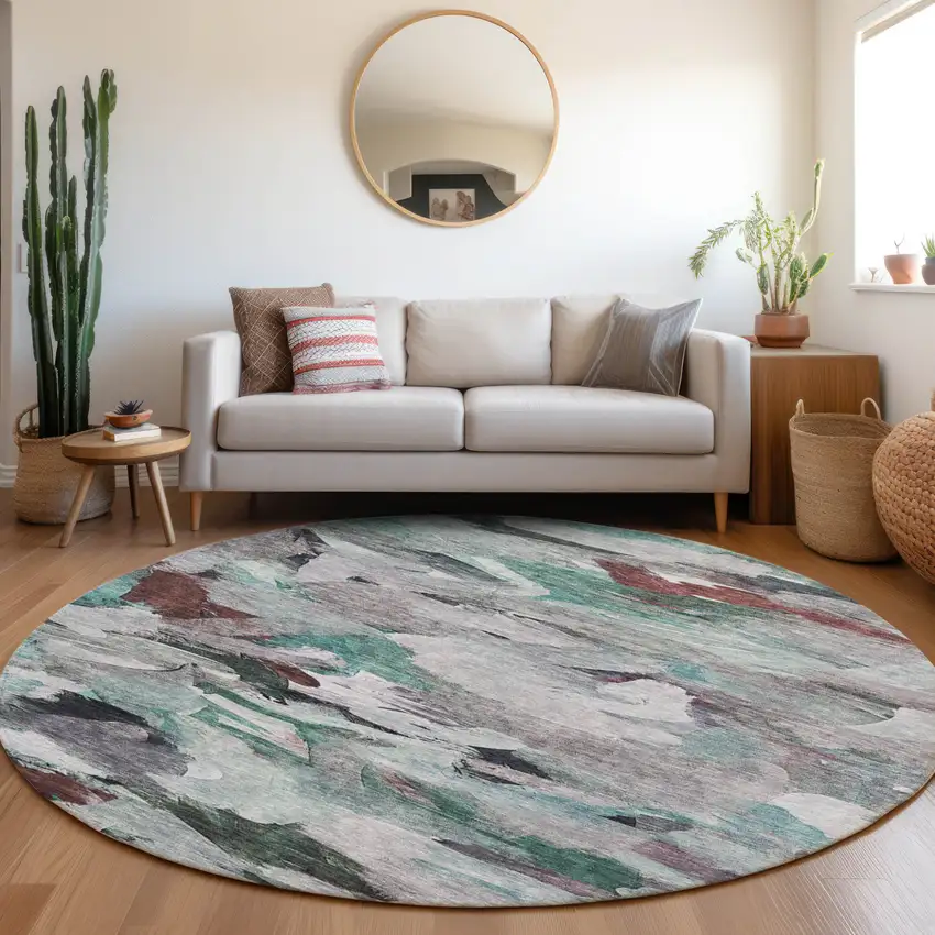8' Teal Blue Gray And Brown Round Abstract Washable Indoor Outdoor Area Rug Photo 9
