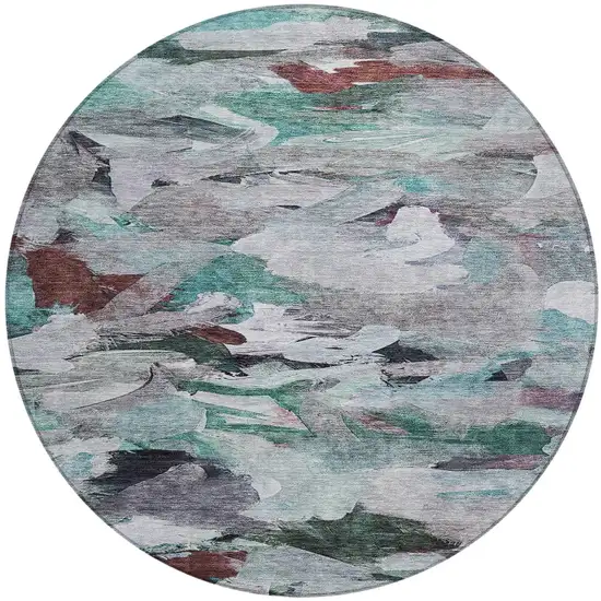8' Teal Blue Gray And Brown Round Abstract Washable Indoor Outdoor Area Rug Photo 7