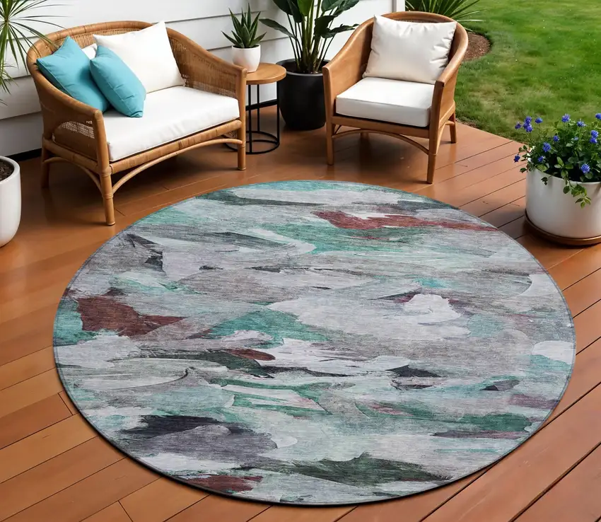 8' Teal Blue Gray And Brown Round Abstract Washable Indoor Outdoor Area Rug Photo 1
