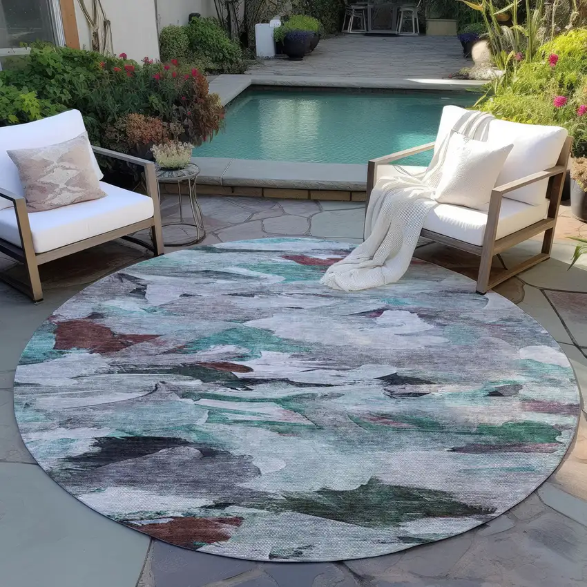 8' Teal Blue Gray And Brown Round Abstract Washable Indoor Outdoor Area Rug Photo 8