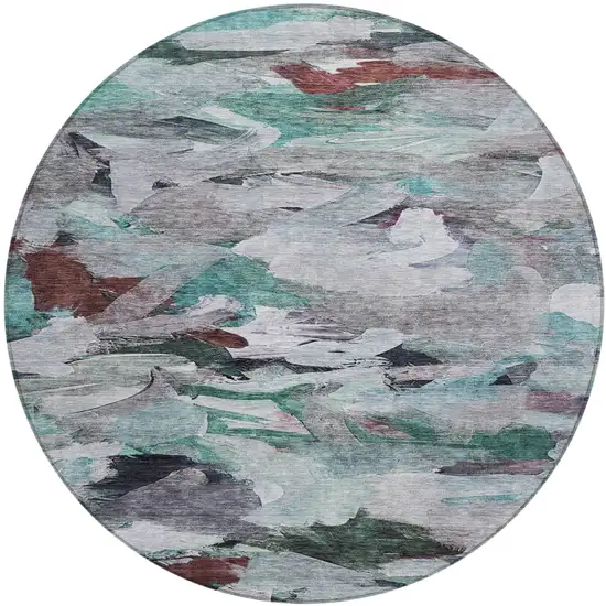 8' Teal Blue Gray And Brown Round Abstract Washable Indoor Outdoor Area Rug Photo 2