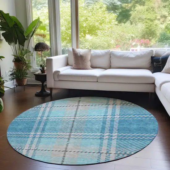8' Teal Blue Gray And Brown Round Plaid Washable Indoor Outdoor Area Rug Photo 7
