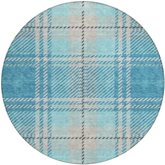 8' Teal Blue Gray And Brown Round Plaid Washable Indoor Outdoor Area Rug Photo 2