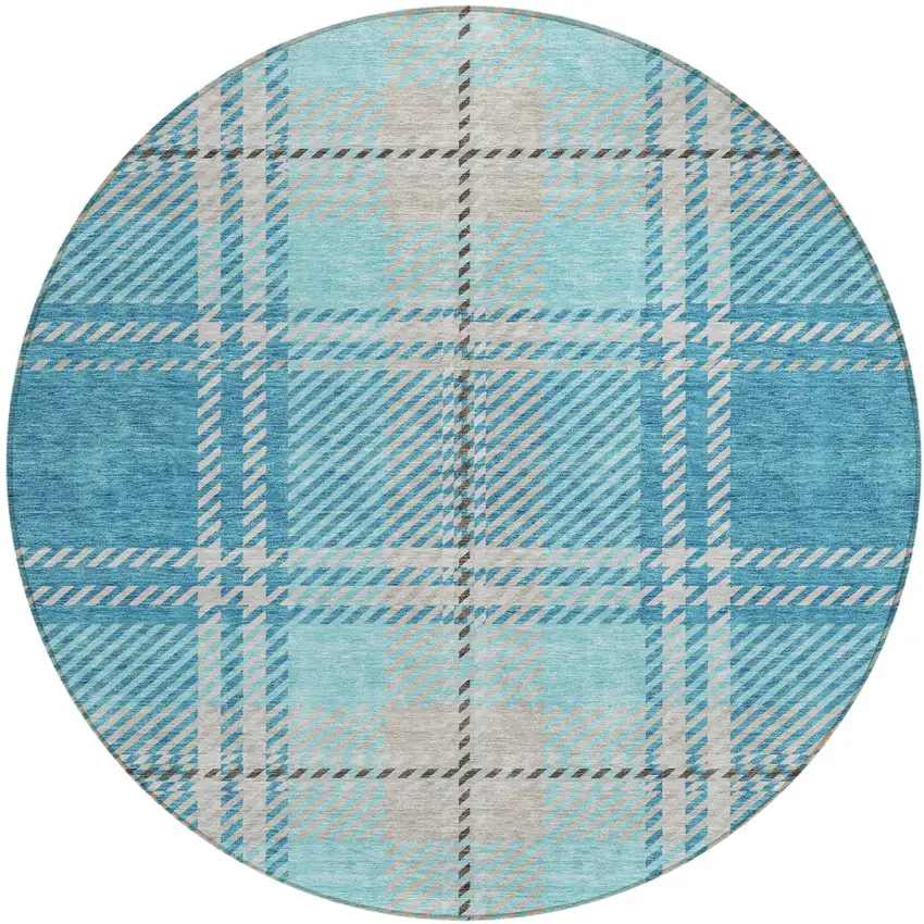8' Teal Blue Gray And Brown Round Plaid Washable Indoor Outdoor Area Rug Photo 2
