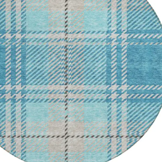 8' Teal Blue Gray And Brown Round Plaid Washable Indoor Outdoor Area Rug Photo 4