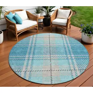 Photo of 8' Teal Blue Gray And Brown Round Plaid Washable Indoor Outdoor Area Rug