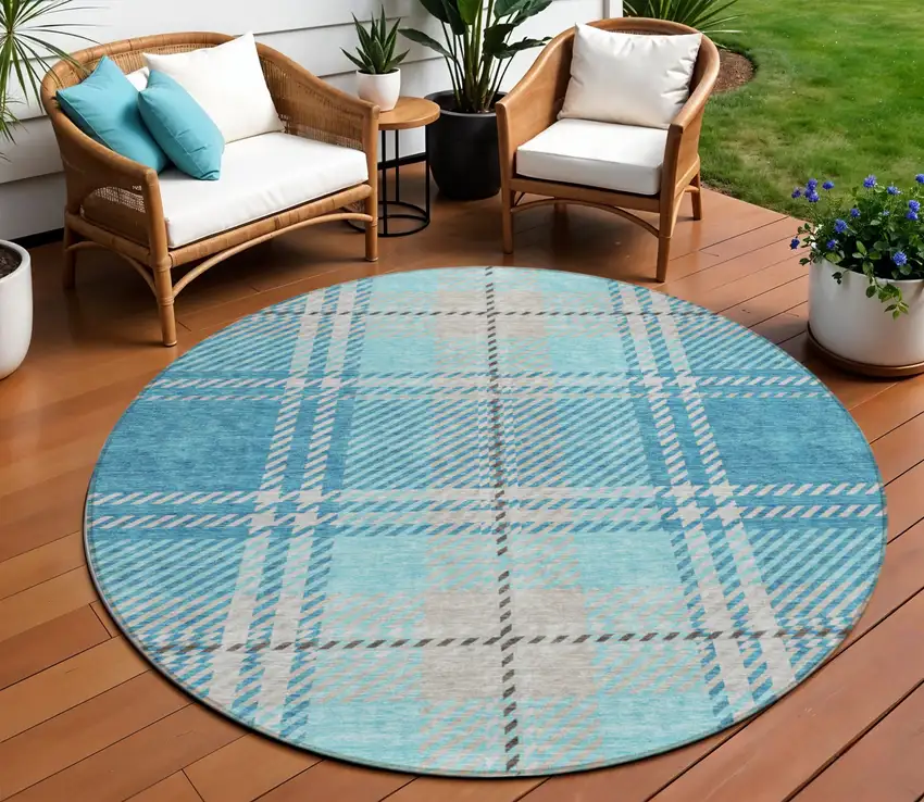 8' Teal Blue Gray And Brown Round Plaid Washable Indoor Outdoor Area Rug Photo 1