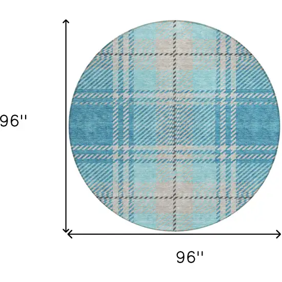 8' Teal Blue Gray And Brown Round Plaid Washable Indoor Outdoor Area Rug Photo 3