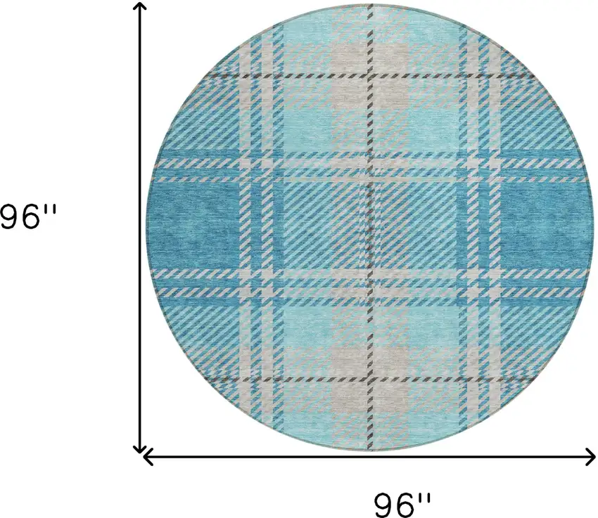 8' Teal Blue Gray And Brown Round Plaid Washable Indoor Outdoor Area Rug Photo 3