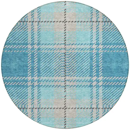 8' Teal Blue Gray And Brown Round Plaid Washable Indoor Outdoor Area Rug Photo 5