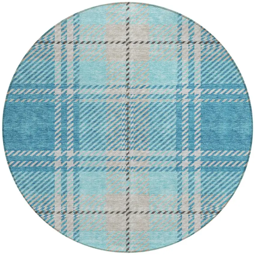 8' Teal Blue Gray And Brown Round Plaid Washable Indoor Outdoor Area Rug Photo 5