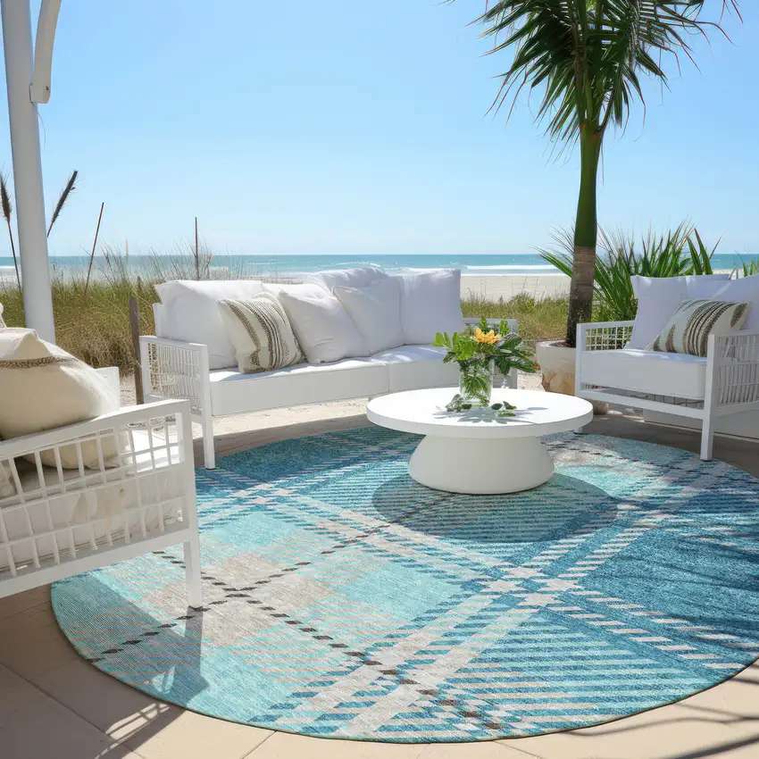 8' Teal Blue Gray And Brown Round Plaid Washable Indoor Outdoor Area Rug Photo 6