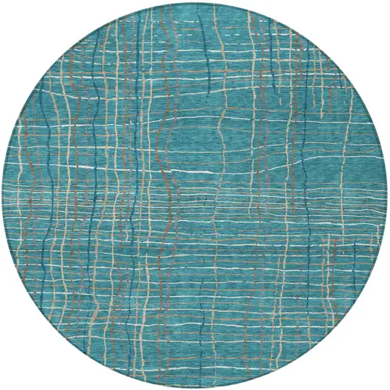 8' Teal Blue Gray And Brown Round Striped Washable Indoor Outdoor Area Rug Photo 5
