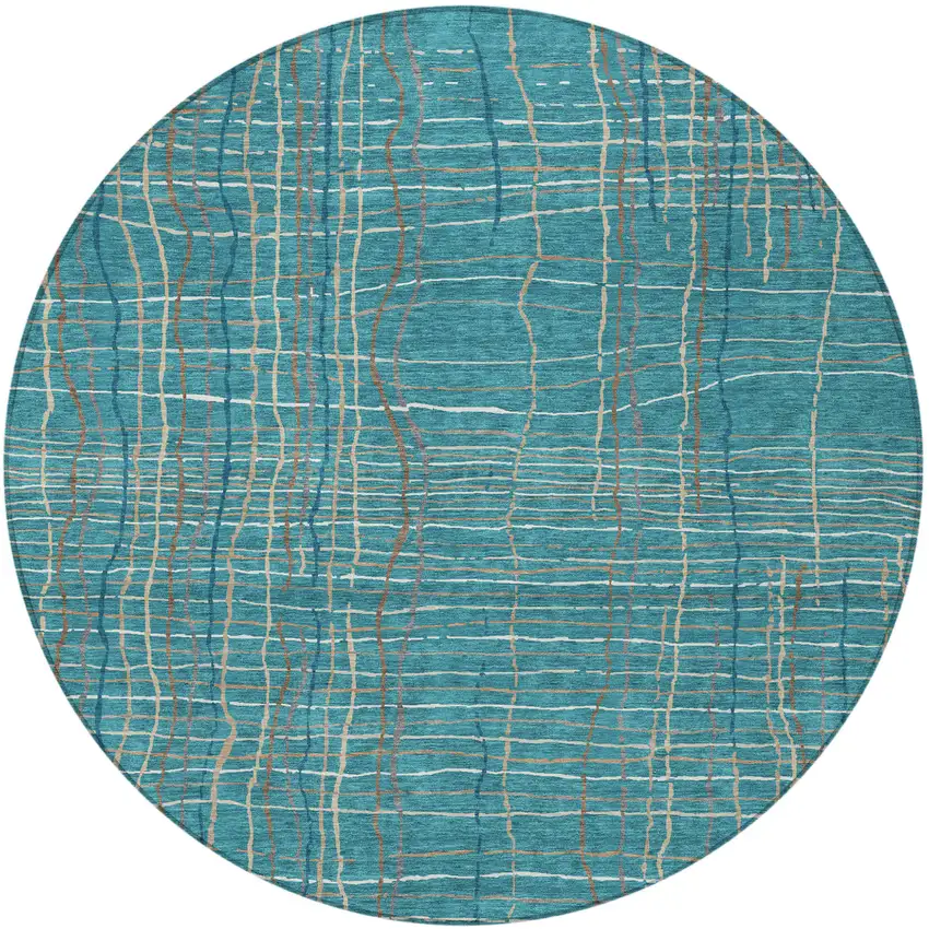 8' Teal Blue Gray And Brown Round Striped Washable Indoor Outdoor Area Rug Photo 5
