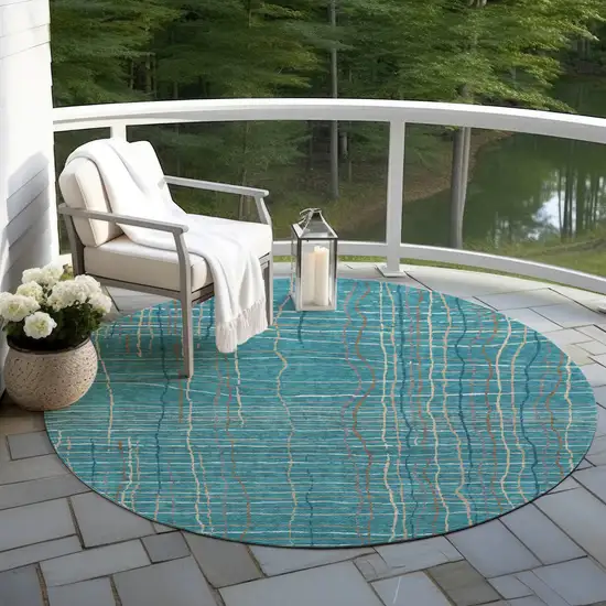 8' Teal Blue Gray And Brown Round Striped Washable Indoor Outdoor Area Rug Photo 6