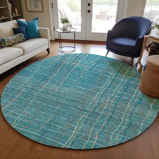 8' Teal Blue Gray And Brown Round Striped Washable Indoor Outdoor Area Rug Photo 7
