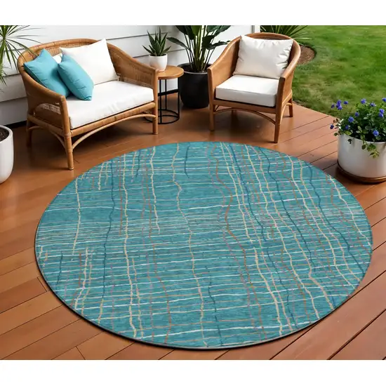 8' Teal Blue Gray And Brown Round Striped Washable Indoor Outdoor Area Rug Photo 1