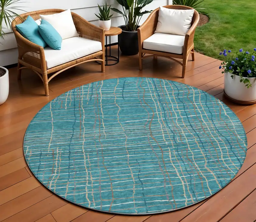 8' Teal Blue Gray And Brown Round Striped Washable Indoor Outdoor Area Rug Photo 1