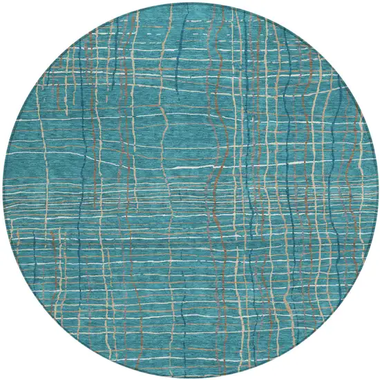 8' Teal Blue Gray And Brown Round Striped Washable Indoor Outdoor Area Rug Photo 2