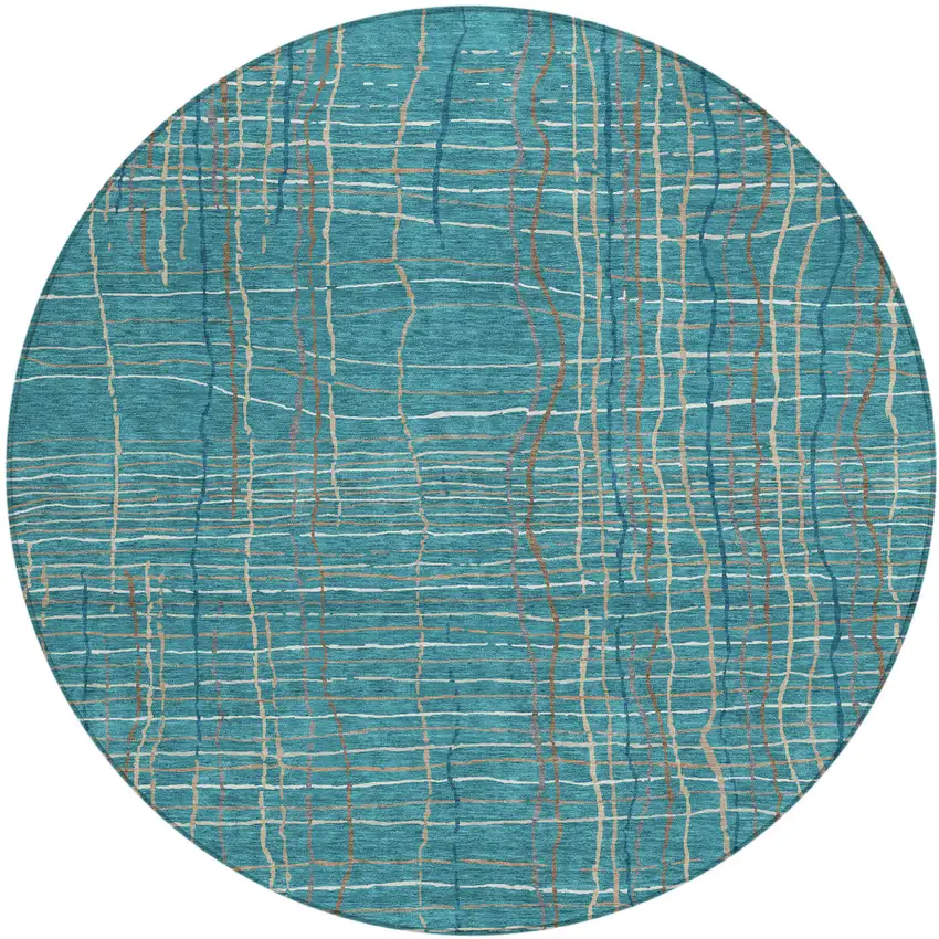 8' Teal Blue Gray And Brown Round Striped Washable Indoor Outdoor Area Rug Photo 2