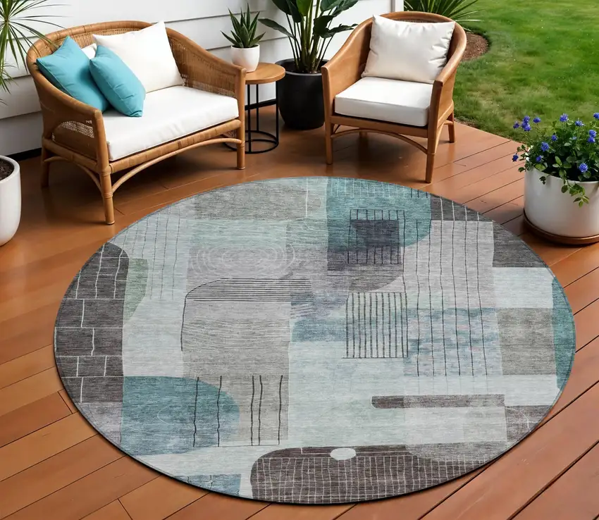 8' Teal Blue Gray And Charcoal Round Abstract Washable Indoor Outdoor Area Rug Photo 1