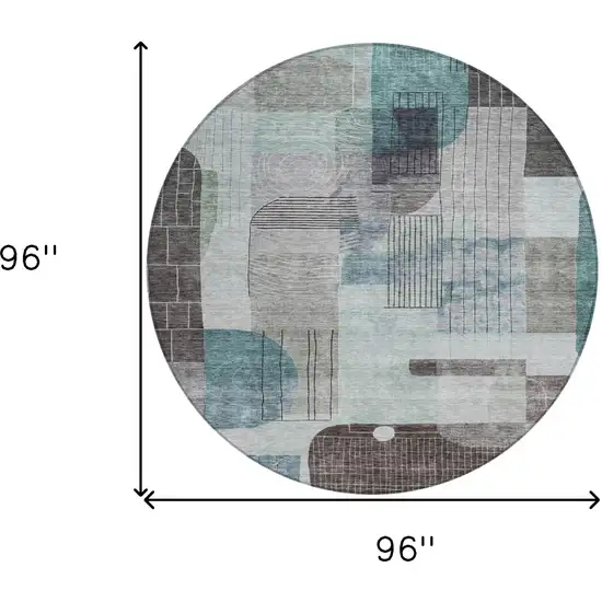 8' Teal Blue Gray And Charcoal Round Abstract Washable Indoor Outdoor Area Rug Photo 8