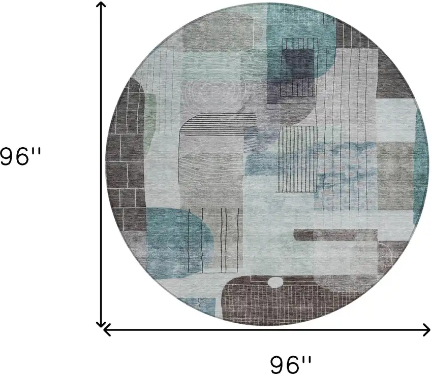 8' Teal Blue Gray And Charcoal Round Abstract Washable Indoor Outdoor Area Rug Photo 8