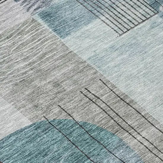 8' Teal Blue Gray And Charcoal Round Abstract Washable Indoor Outdoor Area Rug Photo 9
