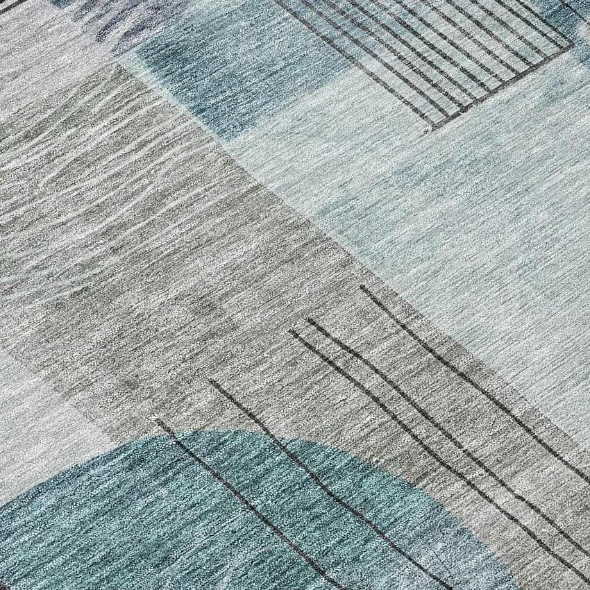 8' Teal Blue Gray And Charcoal Round Abstract Washable Indoor Outdoor Area Rug Photo 9