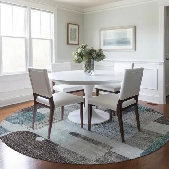 8' Teal Blue Gray And Charcoal Round Abstract Washable Indoor Outdoor Area Rug Photo 7