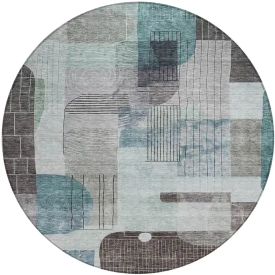 8' Teal Blue Gray And Charcoal Round Abstract Washable Indoor Outdoor Area Rug Photo 2