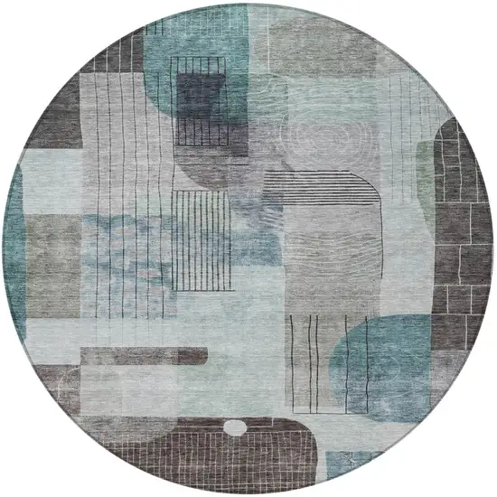 8' Teal Blue Gray And Charcoal Round Abstract Washable Indoor Outdoor Area Rug Photo 5