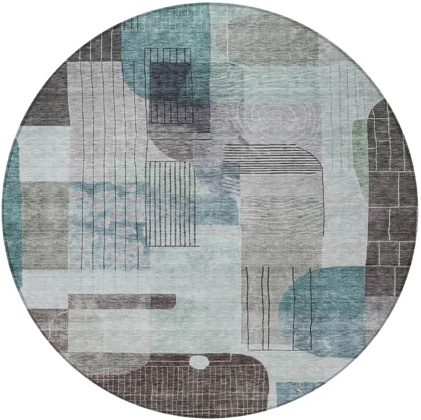 8' Teal Blue Gray And Charcoal Round Abstract Washable Indoor Outdoor Area Rug Photo 5