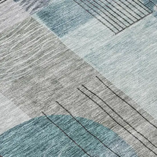 8' Teal Blue Gray And Charcoal Round Abstract Washable Indoor Outdoor Area Rug Photo 7