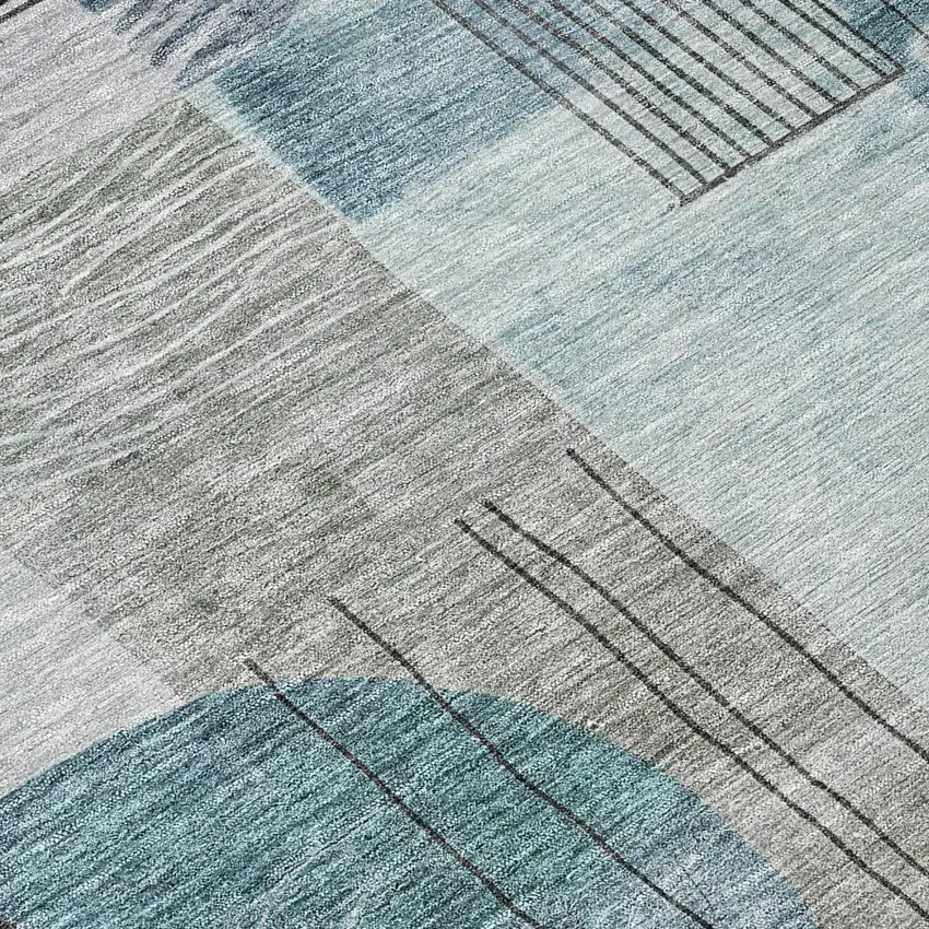 8' Teal Blue Gray And Charcoal Round Abstract Washable Indoor Outdoor Area Rug Photo 7