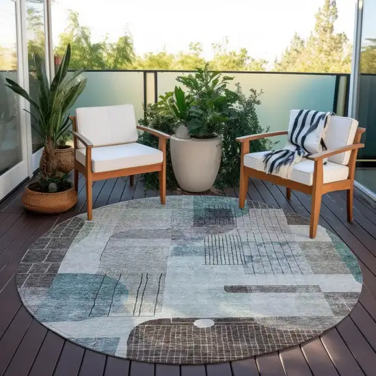 8' Teal Blue Gray And Charcoal Round Abstract Washable Indoor Outdoor Area Rug Photo 6
