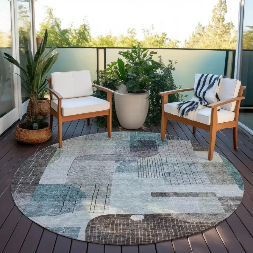8' Teal Blue Gray And Charcoal Round Abstract Washable Indoor Outdoor Area Rug Photo 6