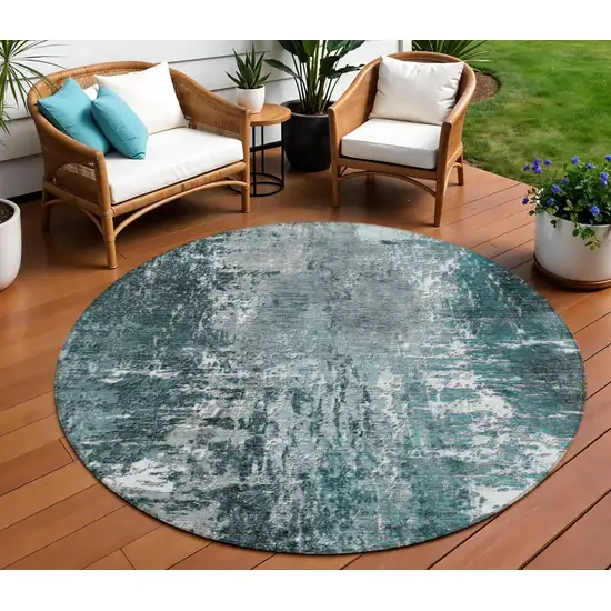 8' Teal Blue Gray And Charcoal Round Abstract Washable Indoor Outdoor Area Rug Photo 1