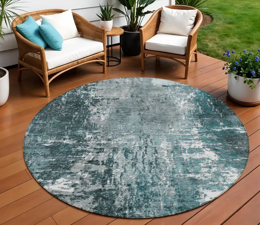 8' Teal Blue Gray And Charcoal Round Abstract Washable Indoor Outdoor Area Rug Photo 1