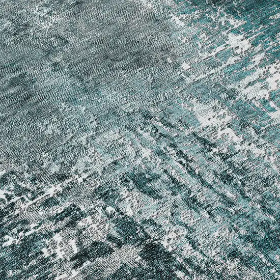 8' Teal Blue Gray And Charcoal Round Abstract Washable Indoor Outdoor Area Rug Photo 9