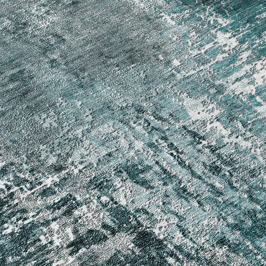 8' Teal Blue Gray And Charcoal Round Abstract Washable Indoor Outdoor Area Rug Photo 9