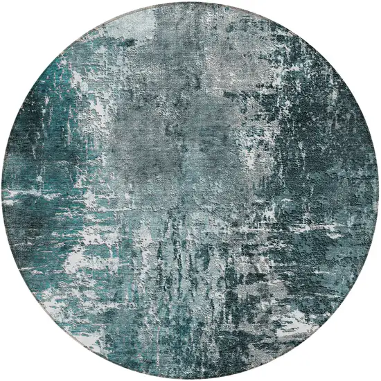 8' Teal Blue Gray And Charcoal Round Abstract Washable Indoor Outdoor Area Rug Photo 5