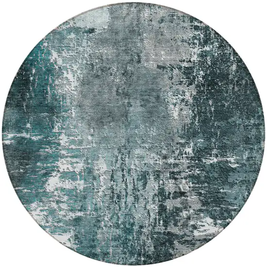 8' Teal Blue Gray And Charcoal Round Abstract Washable Indoor Outdoor Area Rug Photo 5