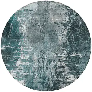 Photo of 8' Teal Blue Gray And Charcoal Round Abstract Washable Indoor Outdoor Area Rug