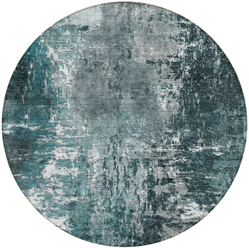 8' Teal Blue Gray And Charcoal Round Abstract Washable Indoor Outdoor Area Rug Photo 5