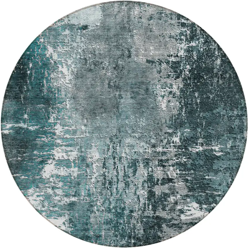 8' Teal Blue Gray And Charcoal Round Abstract Washable Indoor Outdoor Area Rug Photo 5
